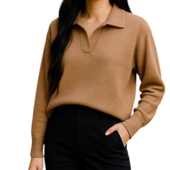GINGER G Taupe Brown Collared Sweater Split V-Neck Horizontal Rib M - Picture 1 of 10
